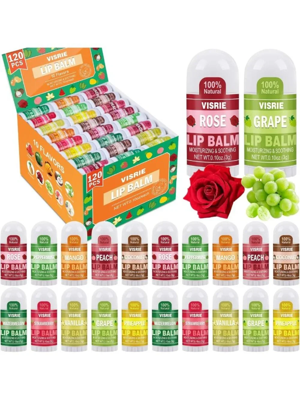 120 Mini Lip Balms - 10 Flavors, Moisturizing, Natural Beeswax & Vitamin E